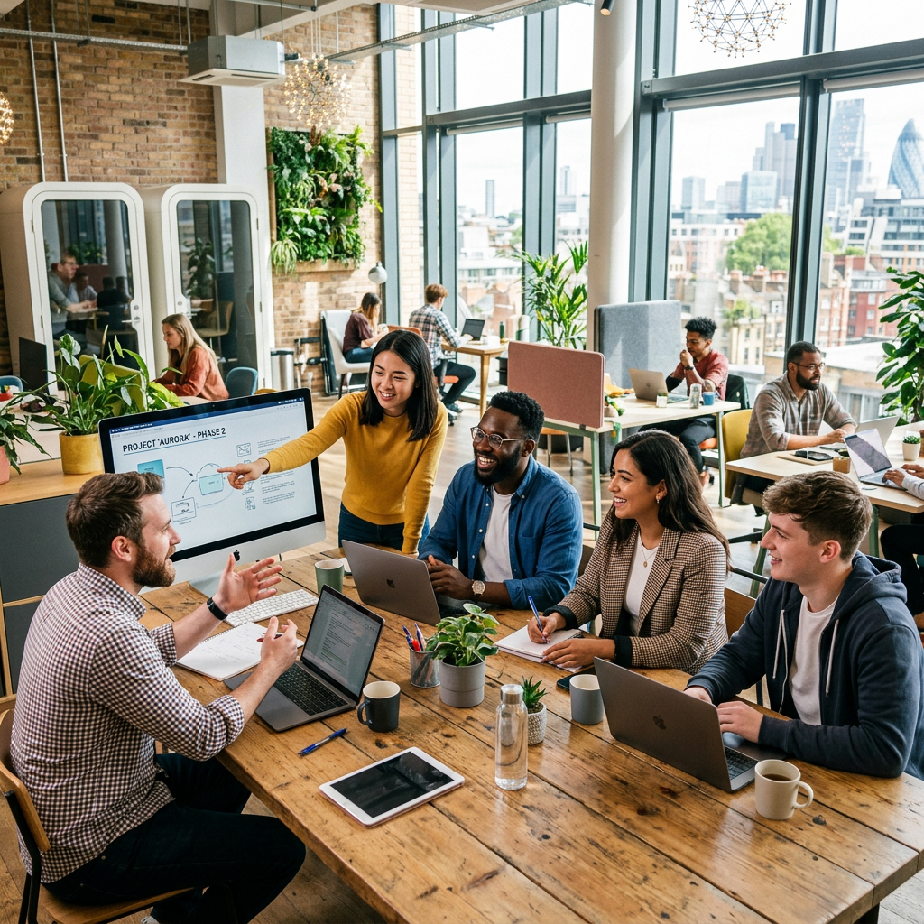 Group of coworkers discussing project at table with laptops and screen